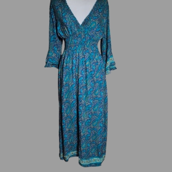 Seven  Island Bohemian Dress Turquoise/Yellow/Blue Midi Sz S Rayon Vibrant Edgy - Picture 1 of 9